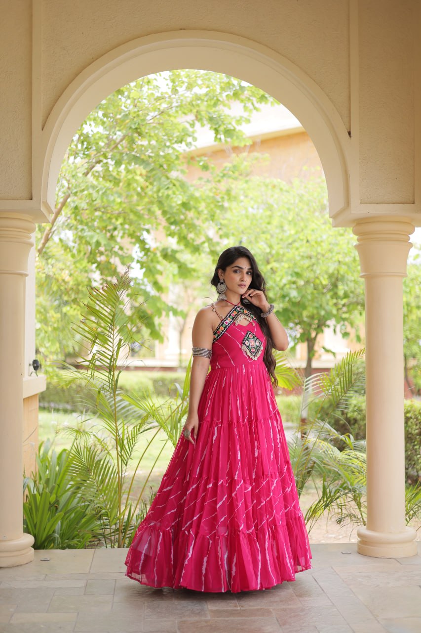 RangBhoomi Navratri Laheriya Patchwork Faux Georgette Gown - Sleeveless 56" Length, L (Adjustable 38-44)