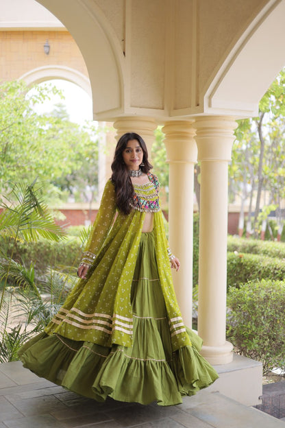 RangBhoomi Navratri 2026 Lehenga & Kurti Set – Kora Cotton Lehenga with Bandhni Faux Georgette Kurti (L, 40" Stitched)