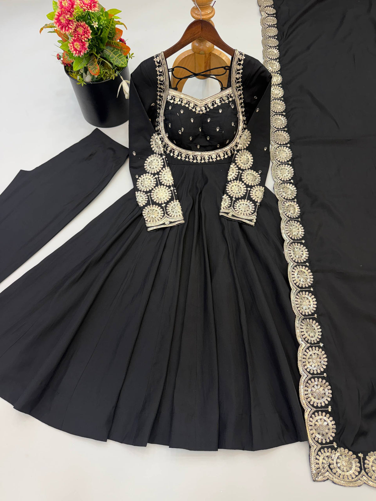 RangBhoomi Designer Anarkali Gown Set with Chanderi Dupatta - Roman Silk, Embroidered Sequins