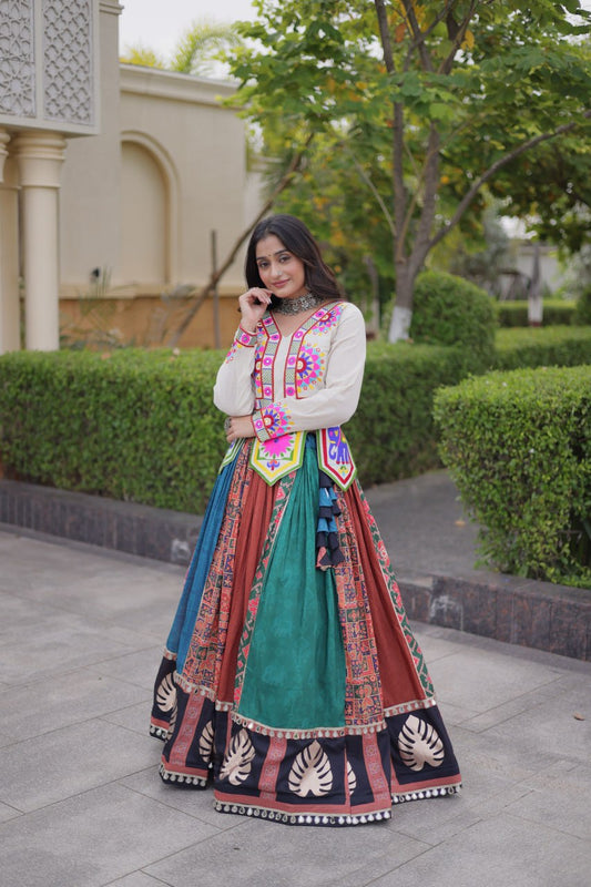 RangBhoomi Navratri Cotton Lehenga Set with Mirror Lace — Full-Stitched Festive Ensemble
